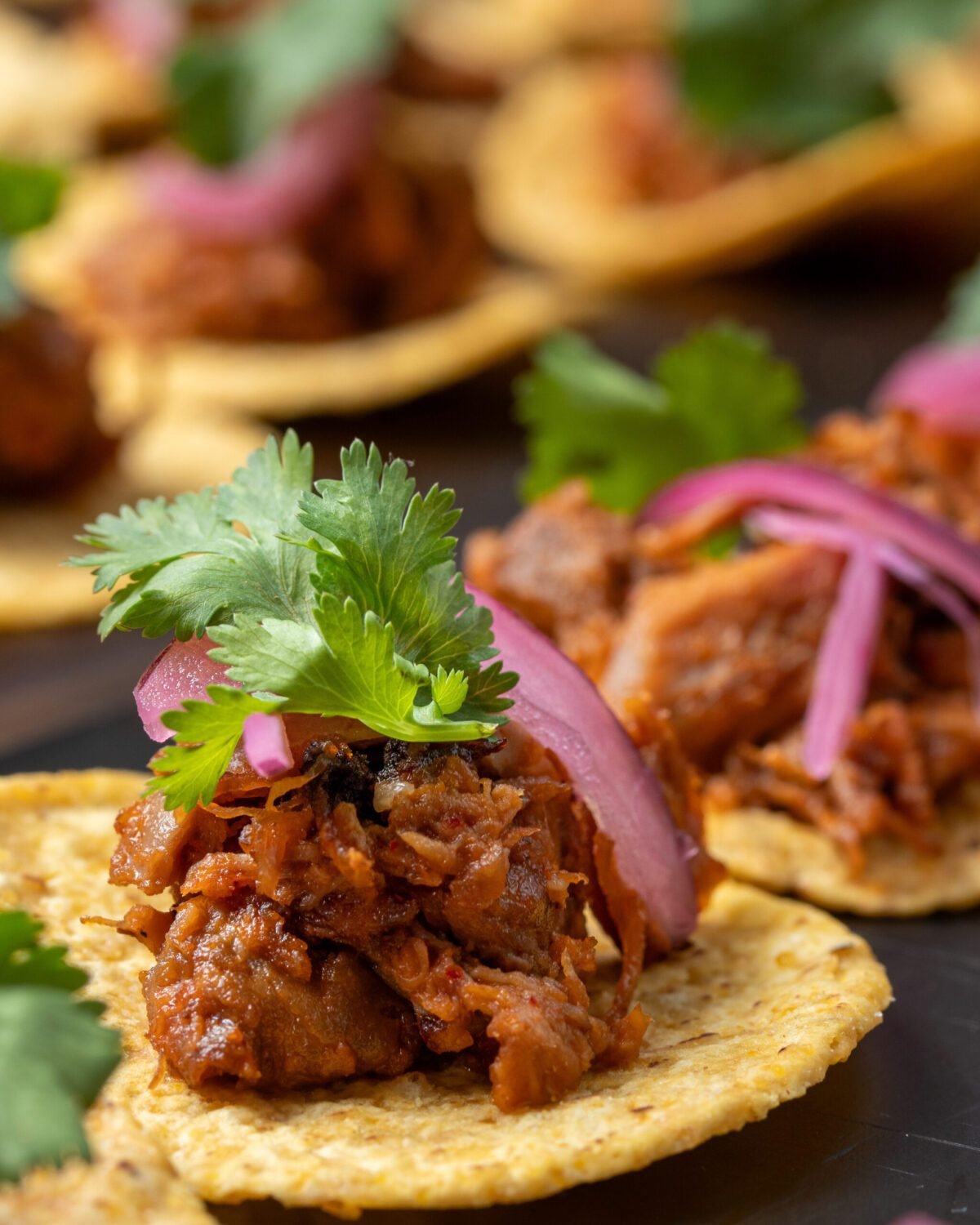 Pulled pork tostadas with pickled red onion and coriander, shot at shallow depth of field