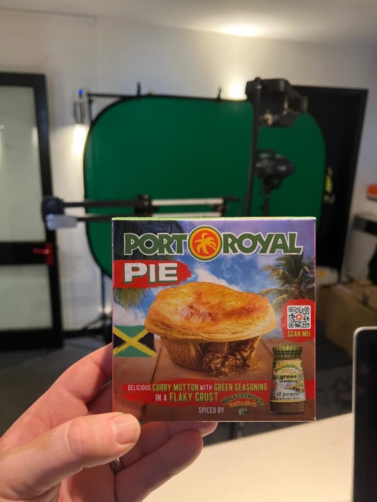 Port Royal Pie retail box held in hand, the printed pack carrying the product photograph