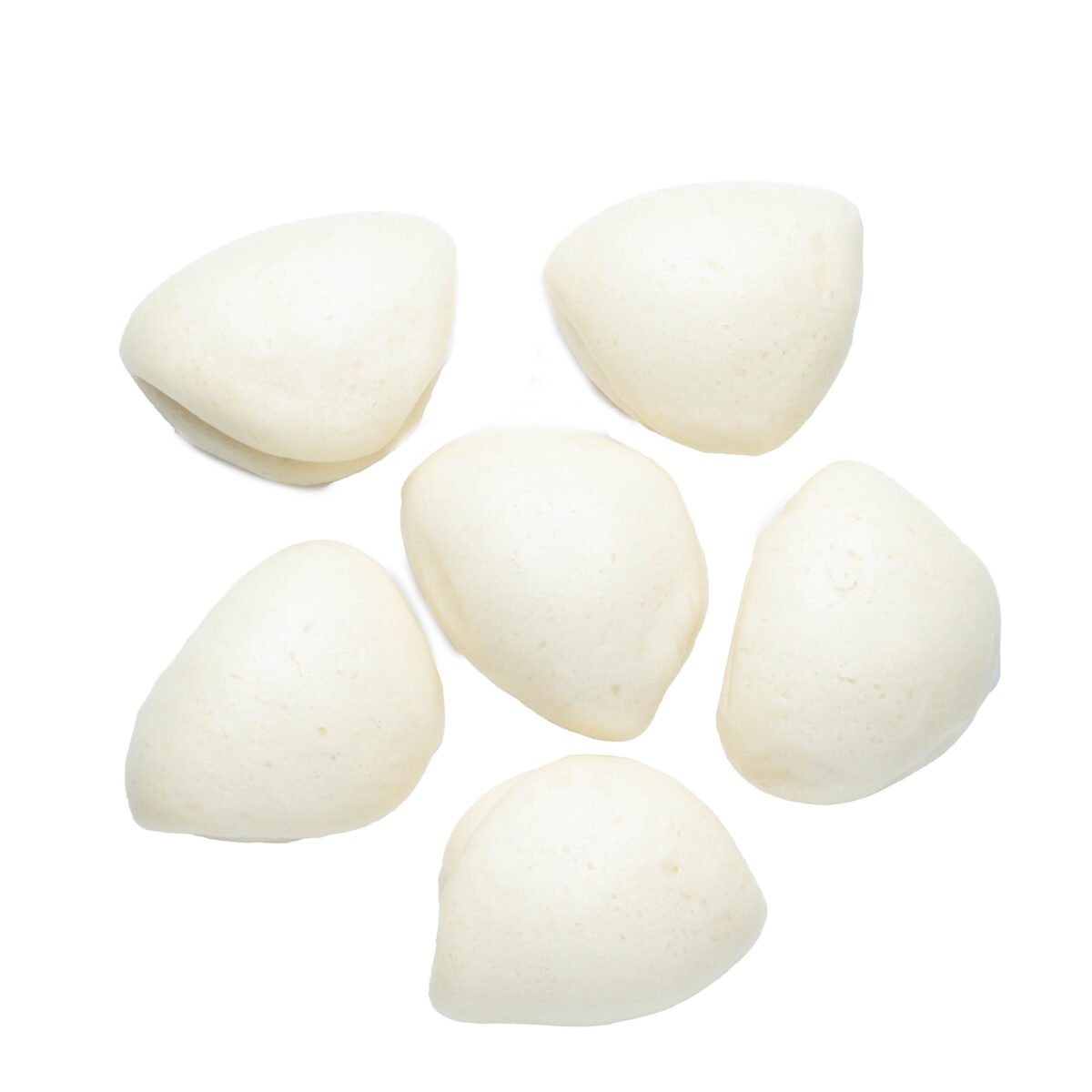 Six plain teardrop-shaped steamed bao buns arranged on a white background for packaging