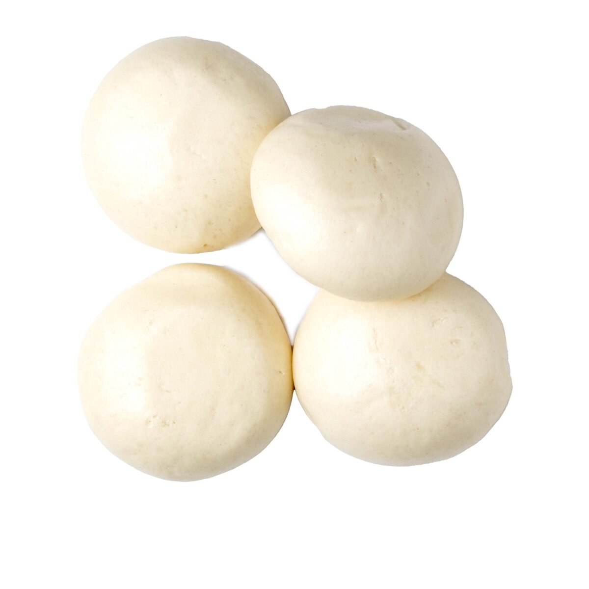 Four plain white steamed bao buns arranged on a white background for packaging