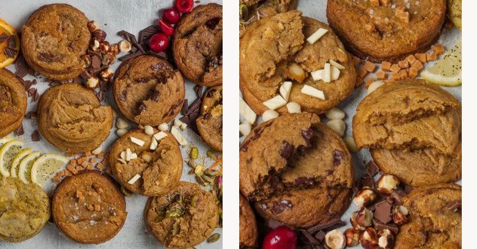 The Hyde's Real Sweet Cookies shop running the photographs from the range shoot, every flavour styled with the ingredients that are actually in it, artisan cookie photography in Croydon.