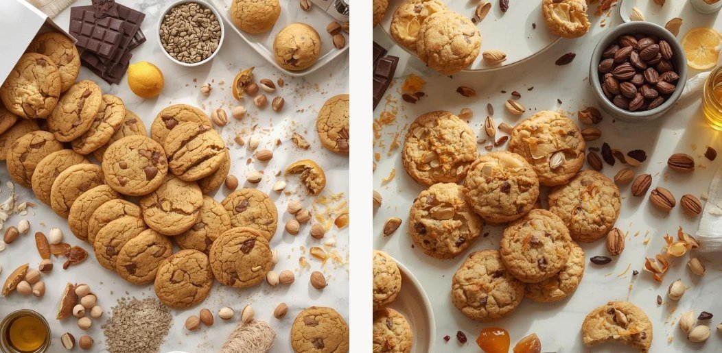 The launch images Hyde's Real Sweet Cookies opened with, AI generated cookies on white marble, shown as a labelled before against the photographs that replaced them.