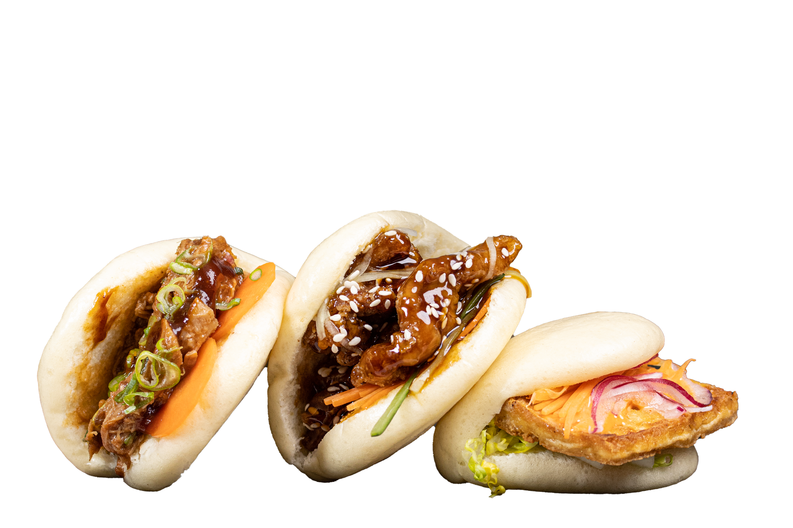 Three filled bao in a row on a transparent background, pulled pork, teriyaki chicken and tofu, cut-out product photography for a food manufacturer's adverts and listings.