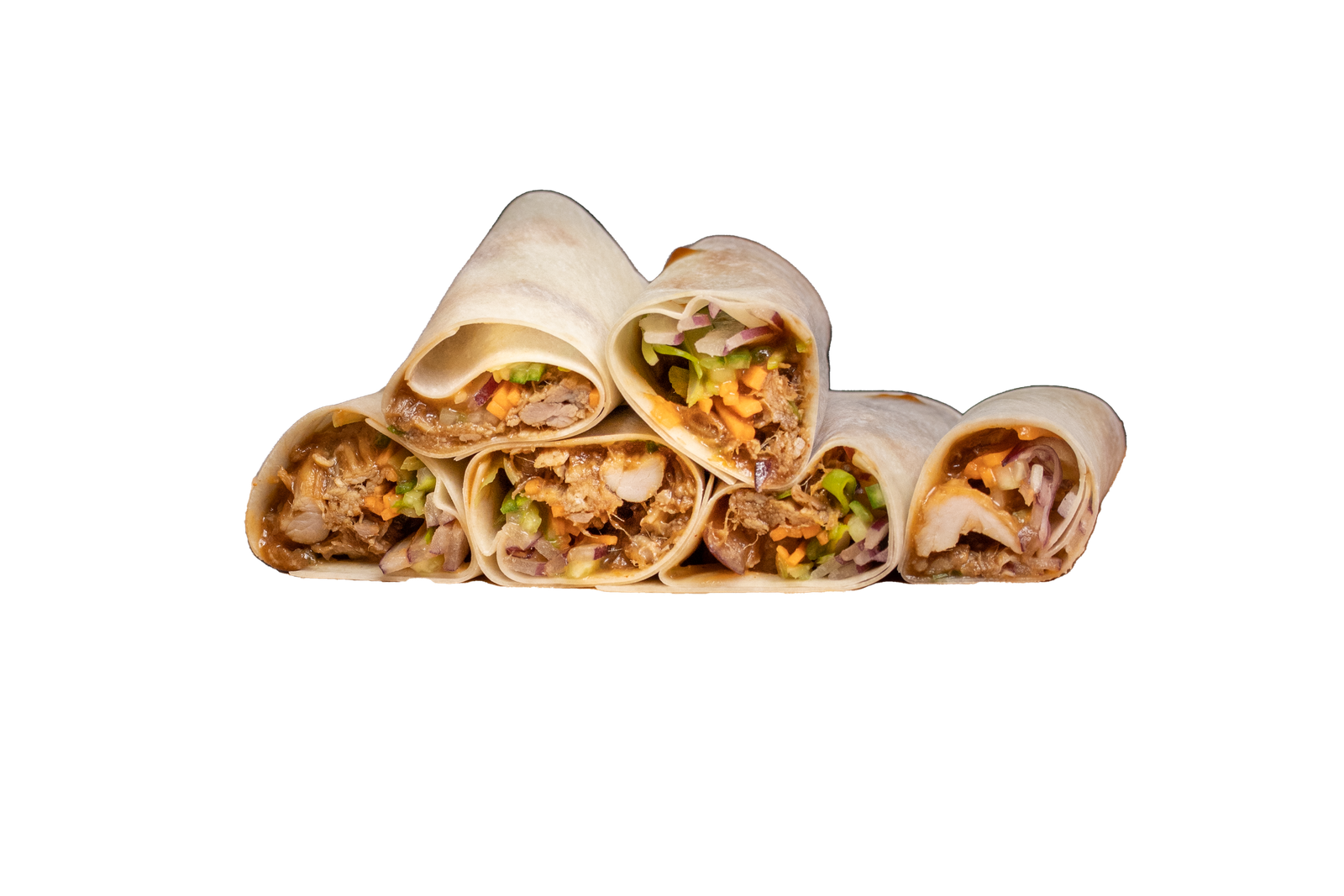 Rolled Chinese pancakes filled with shredded pork and spring onion on a transparent background, cut-out product photography for a pancake manufacturer's trade listings.