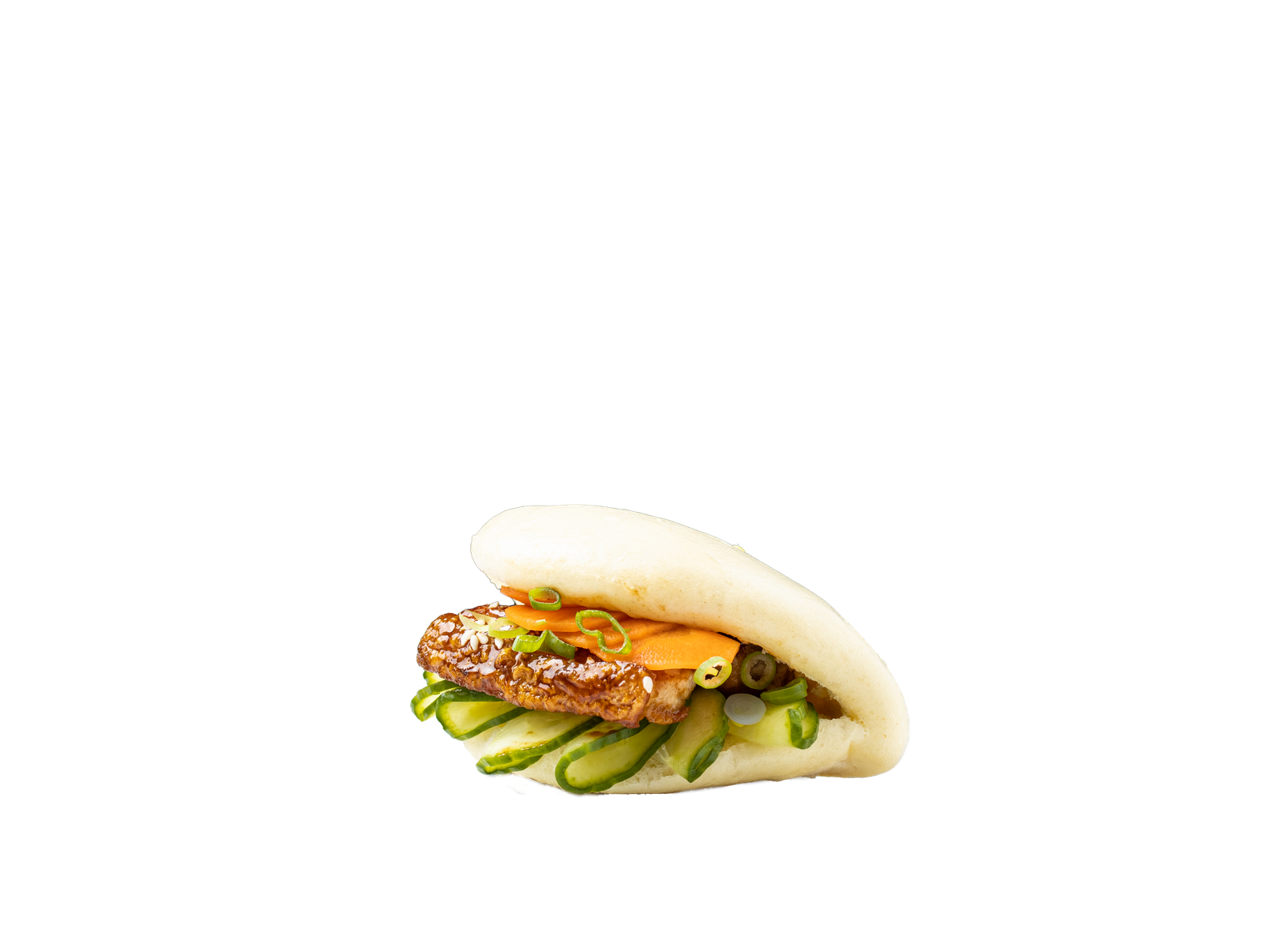 A Hirata bao filled with sliced pork belly, cucumber and sauce on a transparent background, cut-out product photography for a wholesale food listing.