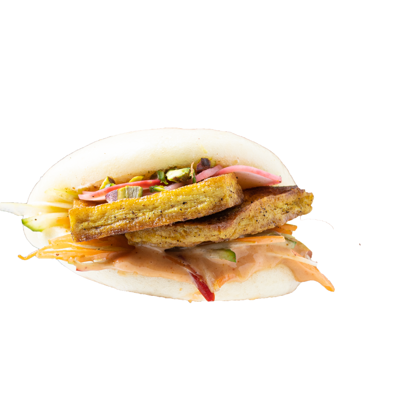 A Hirata bao filled with a golden tofu slab, pickled red onion and sauce on a transparent background, vegetarian cut-out product photography for a food manufacturer.