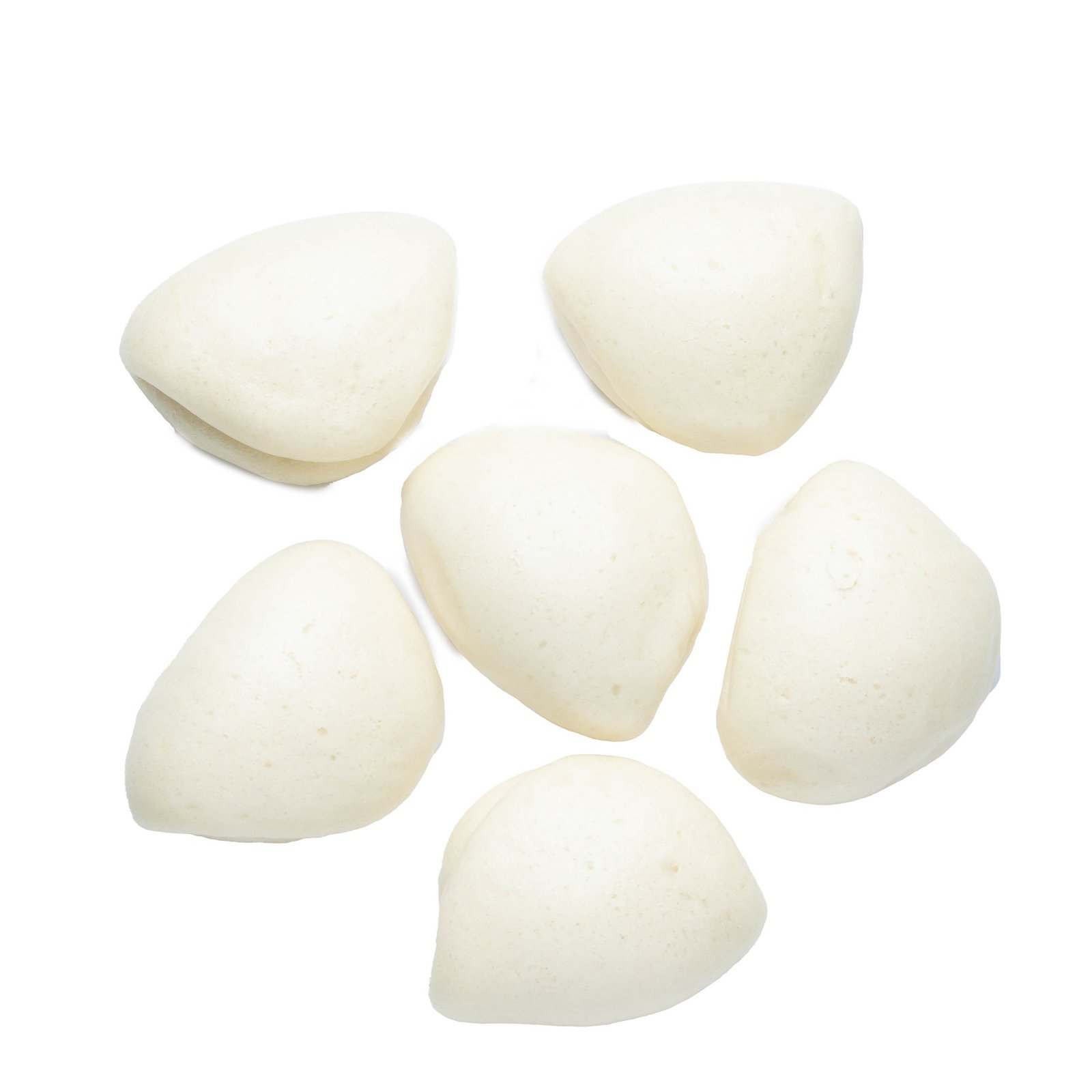 Six plain folded Hirata bao arranged on pure white with no filling and no garnish, product photography for a wholesale trade listing.
