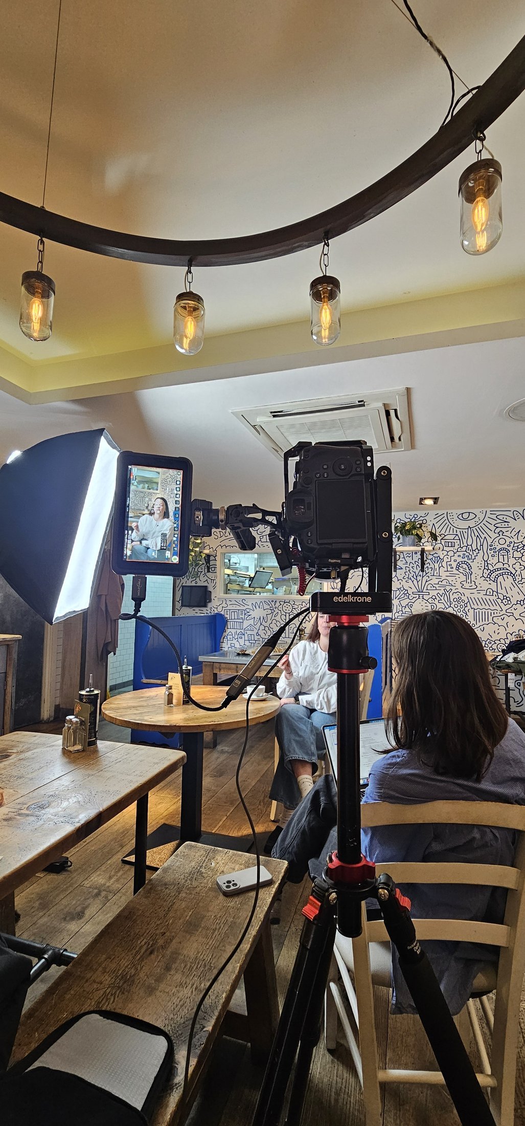 Second camera angle on an interview setup at The Real Greek in Soho, behind the scenes of a one-day, three-location restaurant film shoot in London.