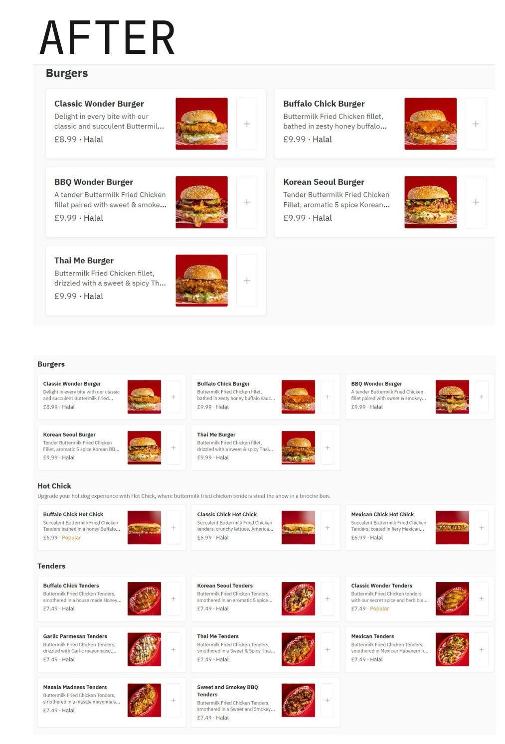 The same Wonder Bird delivery listing running the new set, sixty items photographed on red as one look across burgers, hot chick and tenders, delivery menu photography in Wood Green.