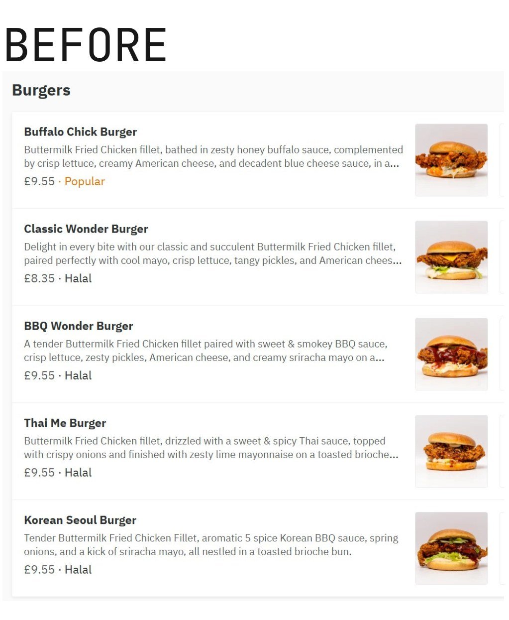 The Wonder Bird delivery listing as it ran before the shoot, with each burger photographed small on a white background, captured from the live Uber Eats page in November 2024.